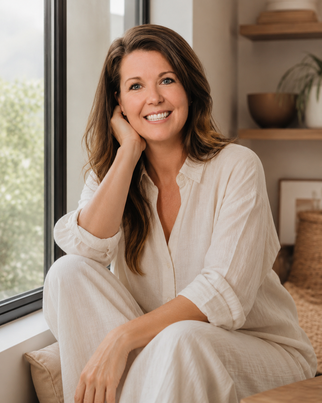 Cindy, founder of Soreva, sitting by a window in soft morning light