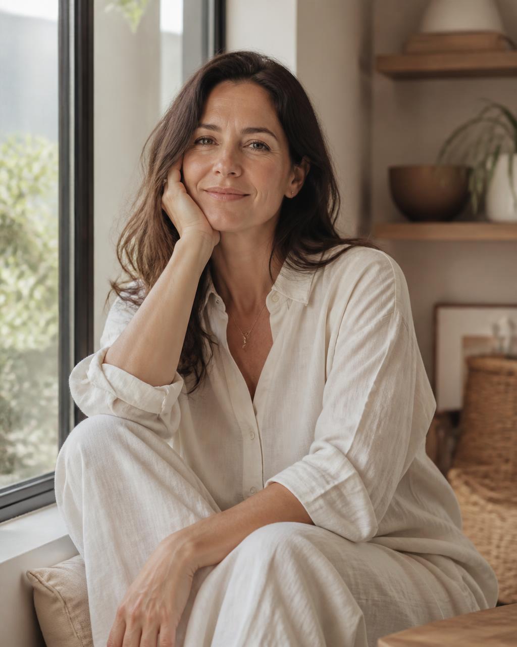 Cindy, founder of Soreva, sitting by a window in soft morning light