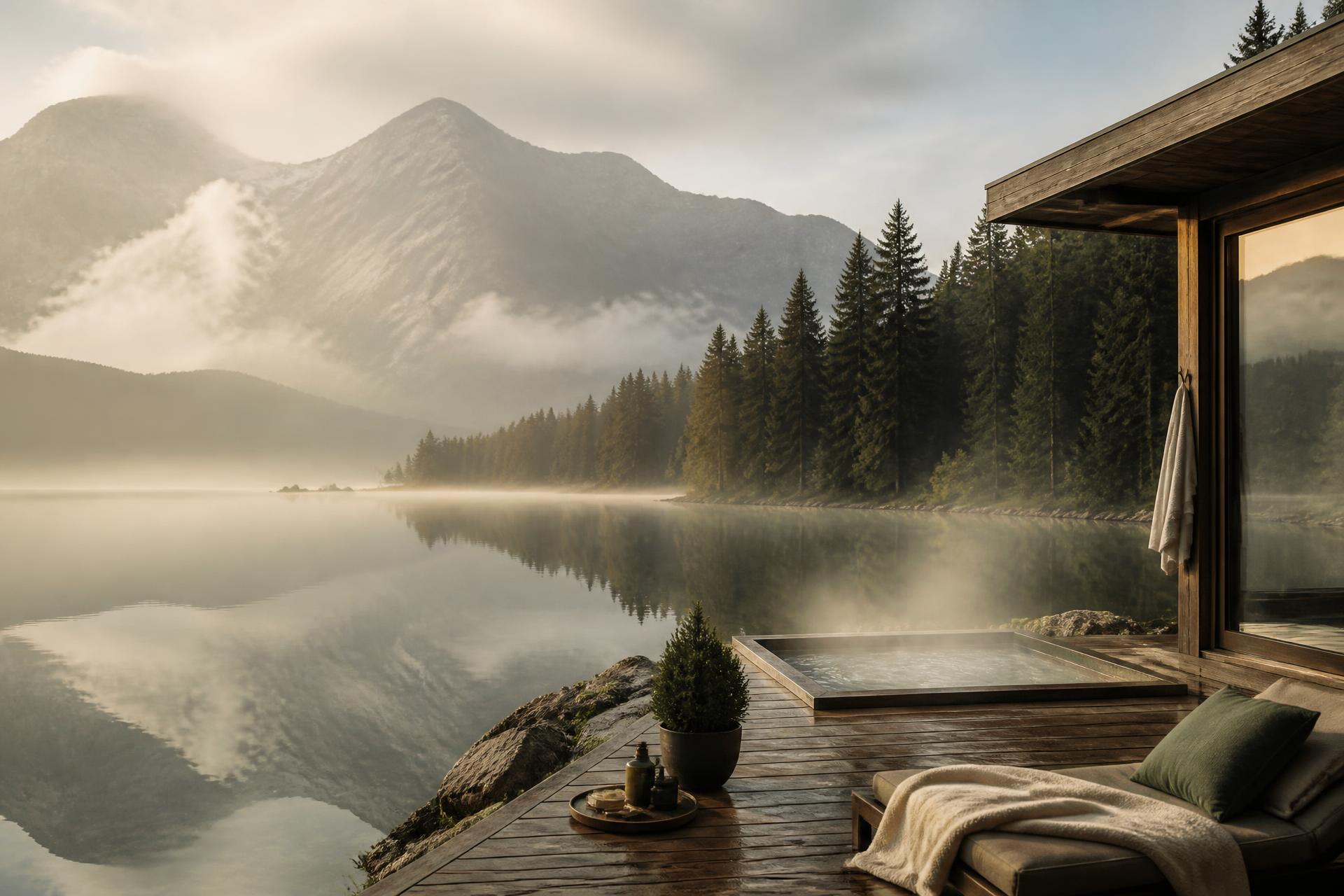 Still mountain lake at soft morning light