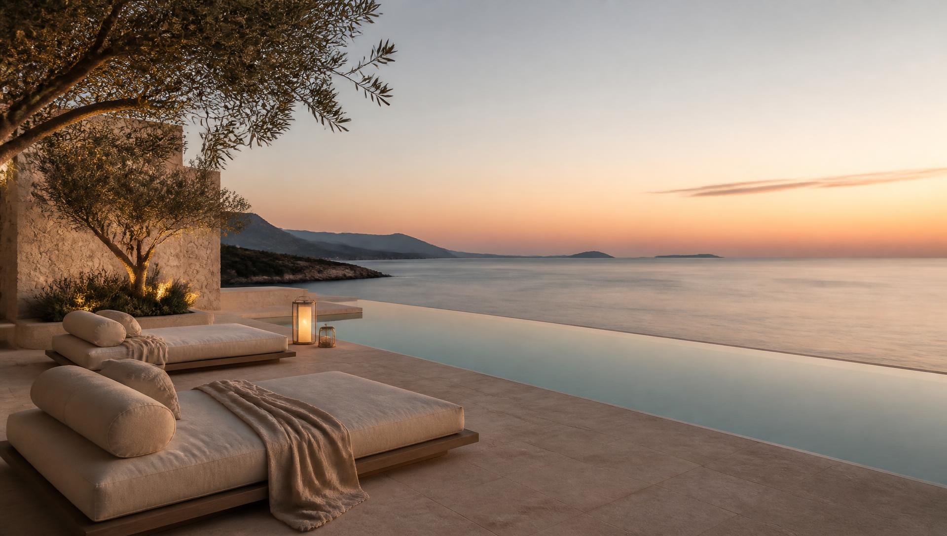 Calm ocean view from a minimal stone terrace at dusk